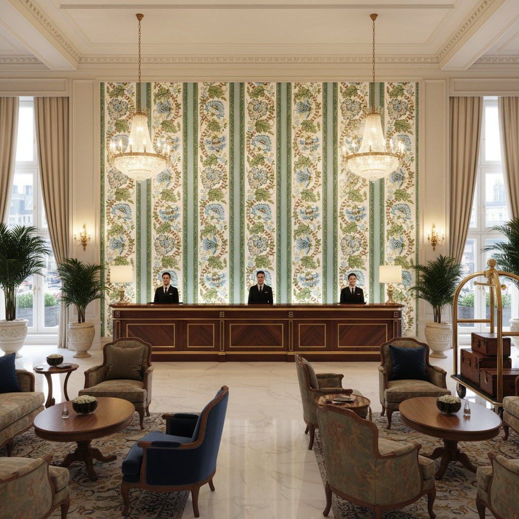 8023106.353.0 | Kravet - Hotel Lobby Visualization (AI-generated, may not be to scale. Verify pattern scale with product specifications.)