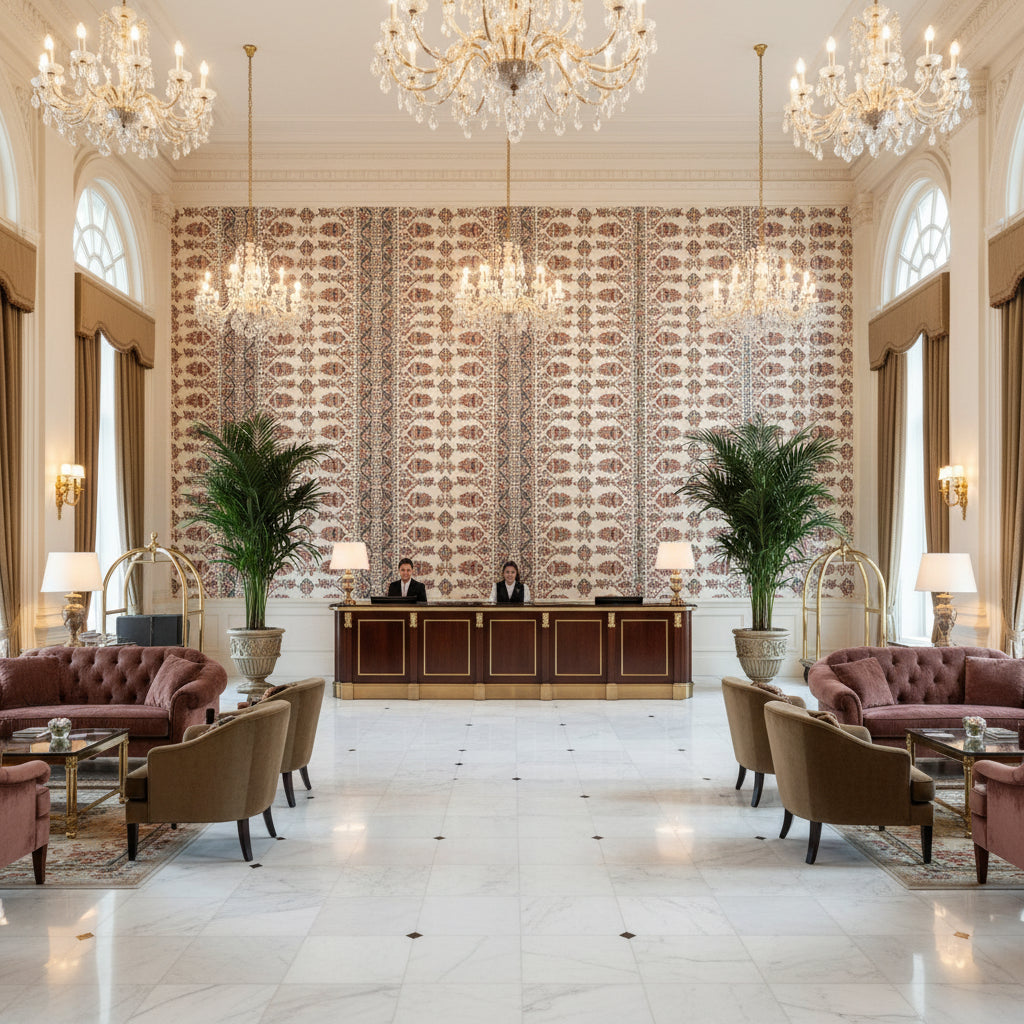 8023108.517.0 | Kravet - Hotel Lobby Visualization (AI-generated, may not be to scale. Verify pattern scale with product specifications.)