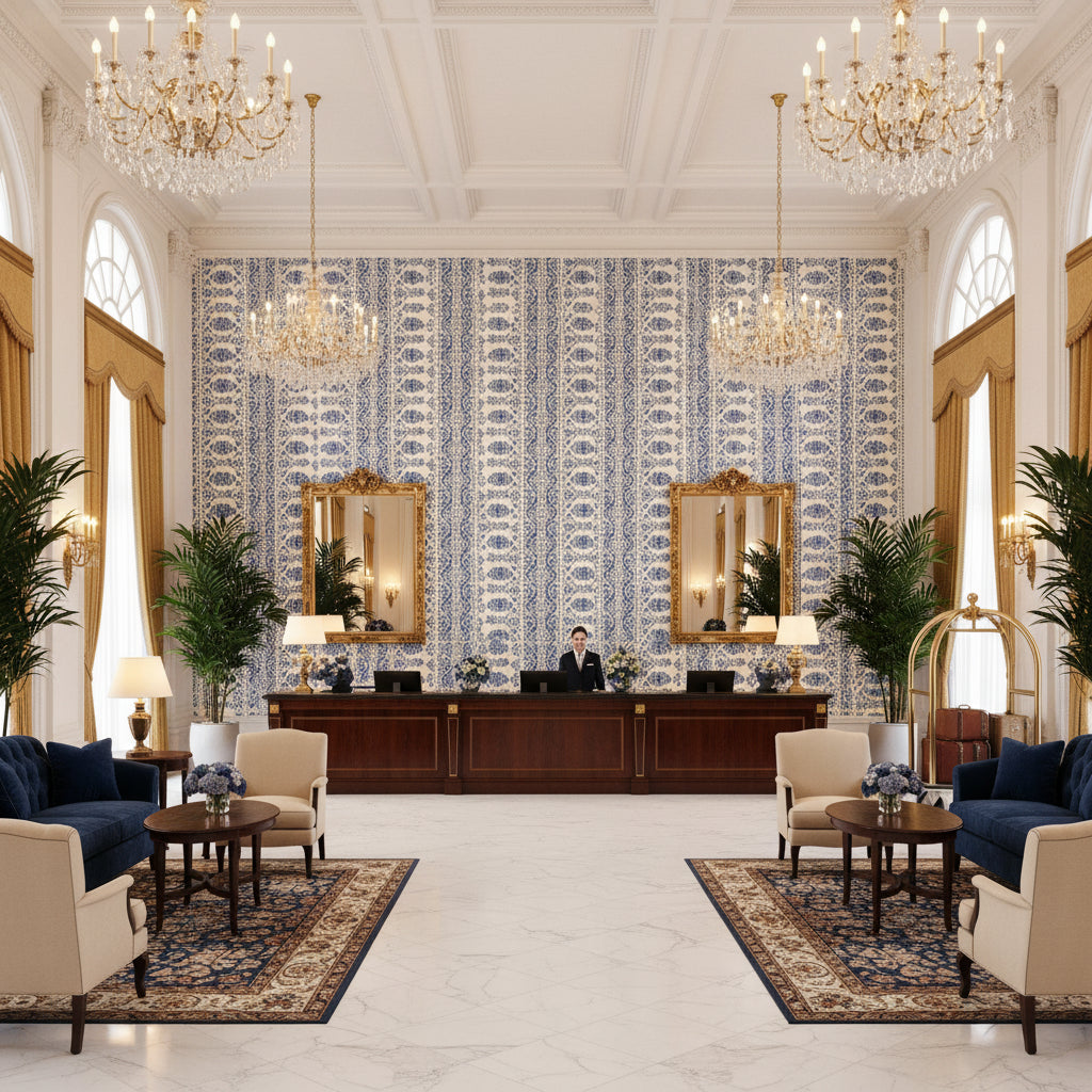 8023108.550.0 | Kravet - Hotel Lobby Visualization (AI-generated, may not be to scale. Verify pattern scale with product specifications.)