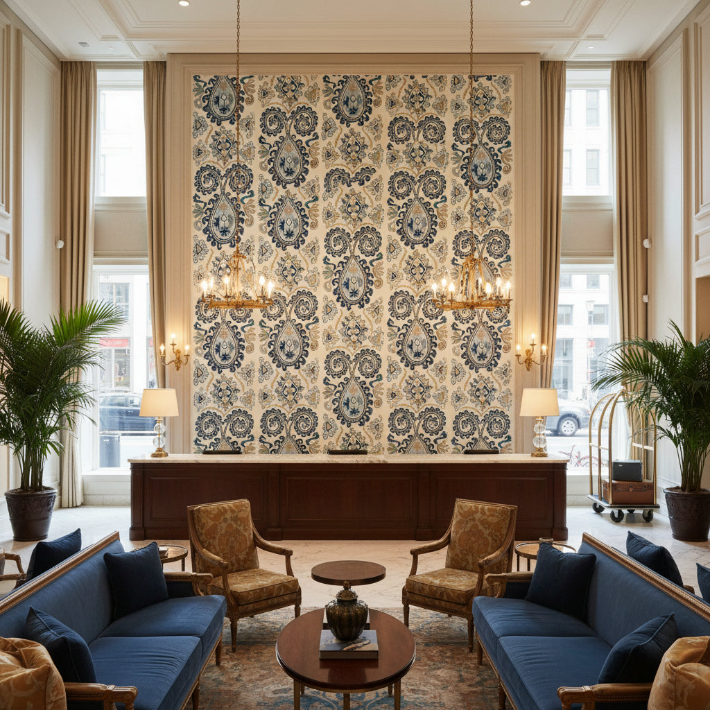 8023117.55.0 | Kravet - Hotel Lobby Visualization (AI-generated, may not be to scale. Verify pattern scale with product specifications.)