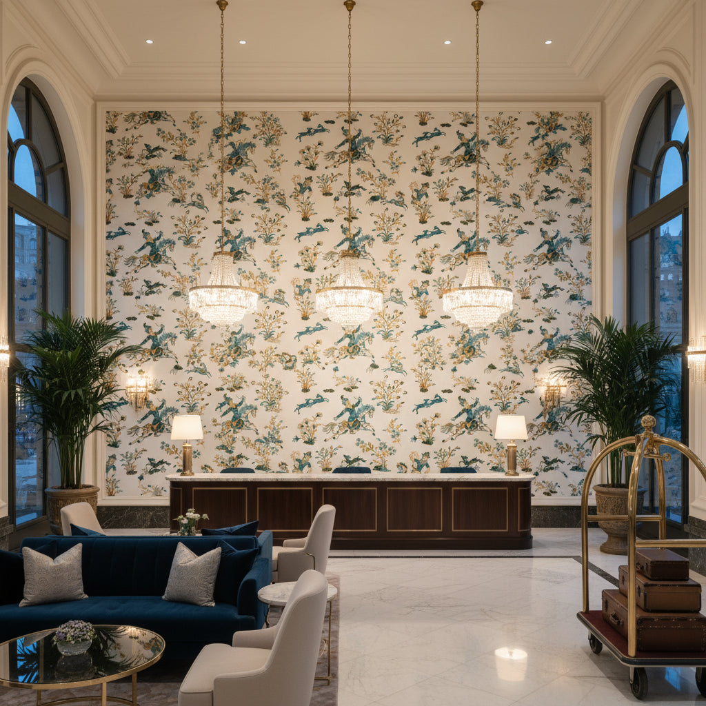 8023120.353.0 | Kravet - Hotel Lobby Visualization (AI-generated, may not be to scale. Verify pattern scale with product specifications.)