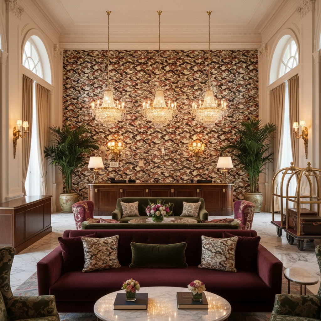 8023138.3524.0 | Kravet - Hotel Lobby Visualization (AI-generated, may not be to scale. Verify pattern scale with product specifications.)