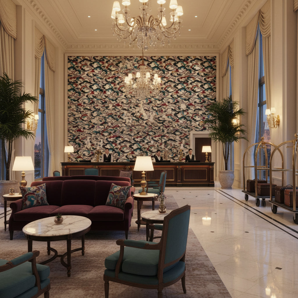8023138.913.0 | Kravet - Hotel Lobby Visualization (AI-generated, may not be to scale. Verify pattern scale with product specifications.)