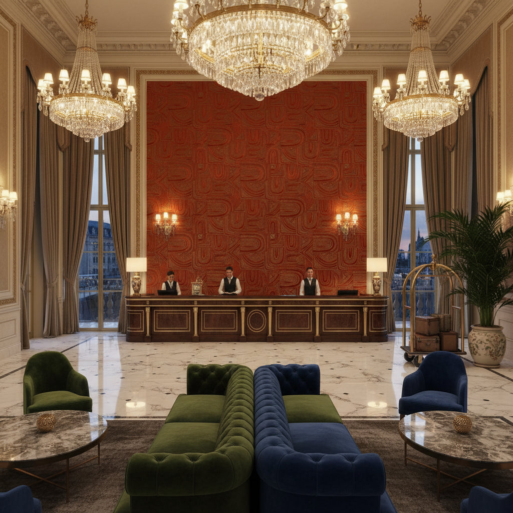 8023139.12.0 | Kravet - Hotel Lobby Visualization (AI-generated, may not be to scale. Verify pattern scale with product specifications.)