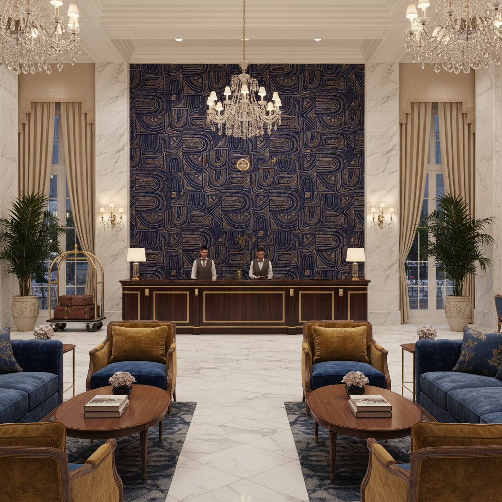8023139.5.0 | Kravet - Hotel Lobby Visualization (AI-generated, may not be to scale. Verify pattern scale with product specifications.)