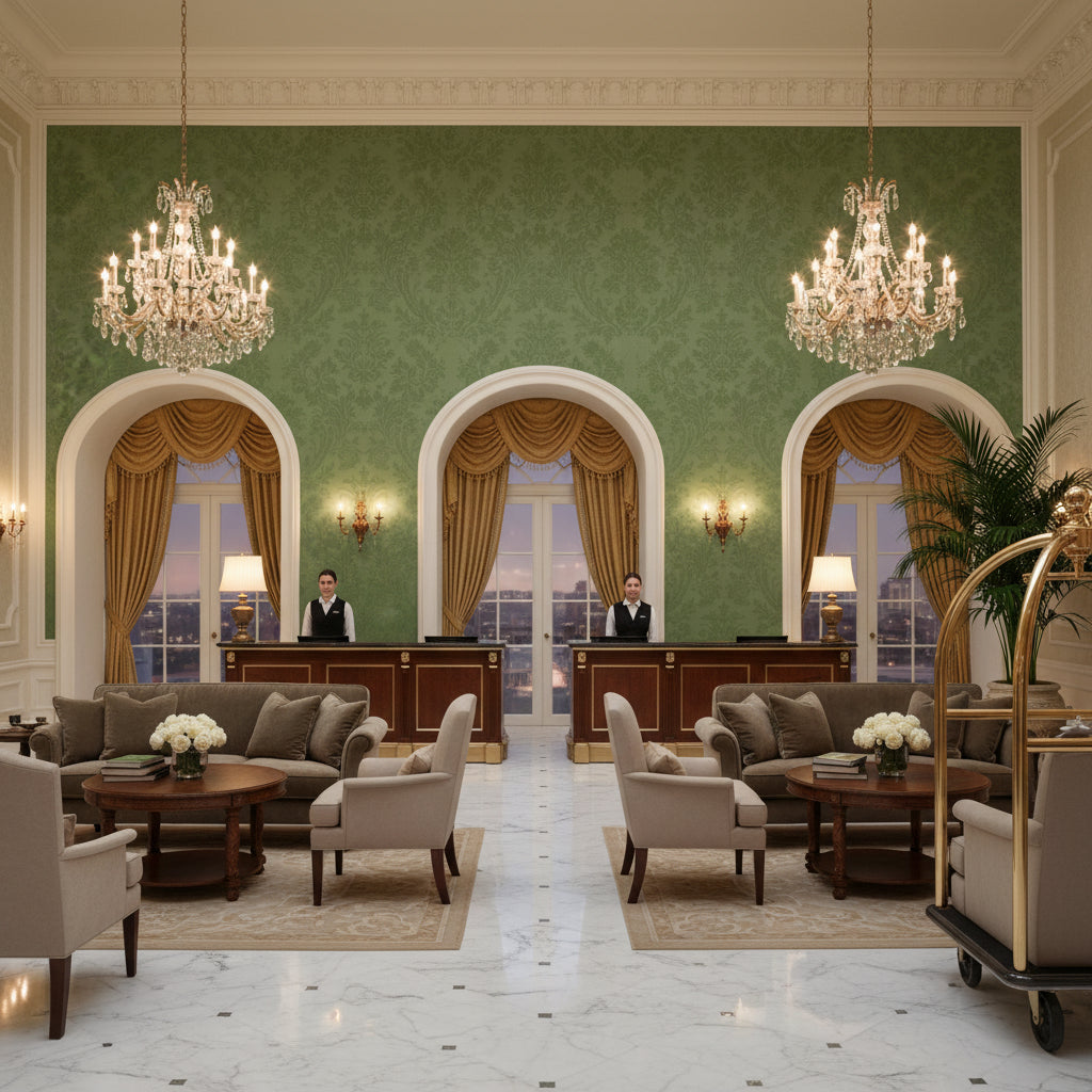 8023150.3.0 | Kravet - Hotel Lobby Visualization (AI-generated, may not be to scale. Verify pattern scale with product specifications.)