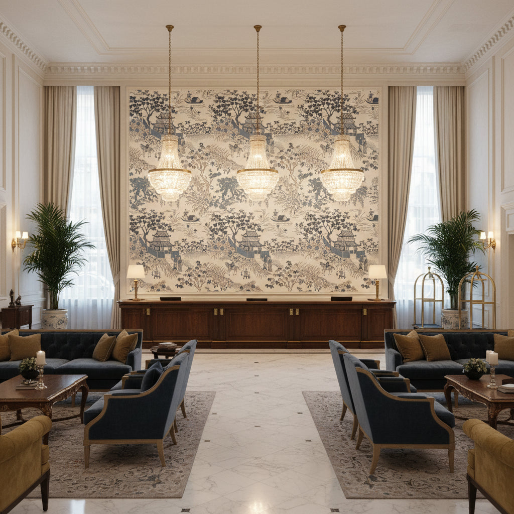 8023151.55.0 | Kravet - Hotel Lobby Visualization (AI-generated, may not be to scale. Verify pattern scale with product specifications.)