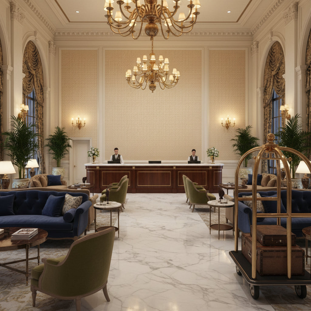 8023154.116.0 | Kravet - Hotel Lobby Visualization (AI-generated, may not be to scale. Verify pattern scale with product specifications.)