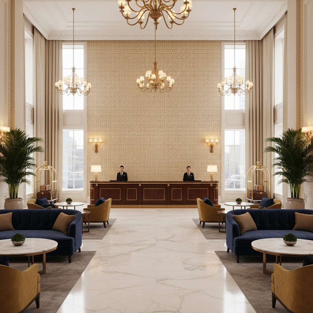 8023154.416.0 | Kravet - Hotel Lobby Visualization (AI-generated, may not be to scale. Verify pattern scale with product specifications.)