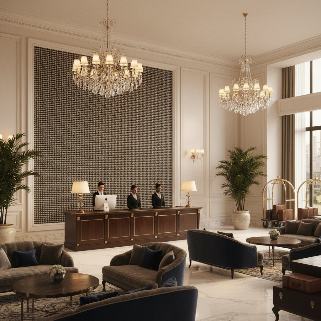 8023154.8106.0 | Kravet - Hotel Lobby Visualization (AI-generated, may not be to scale. Verify pattern scale with product specifications.)