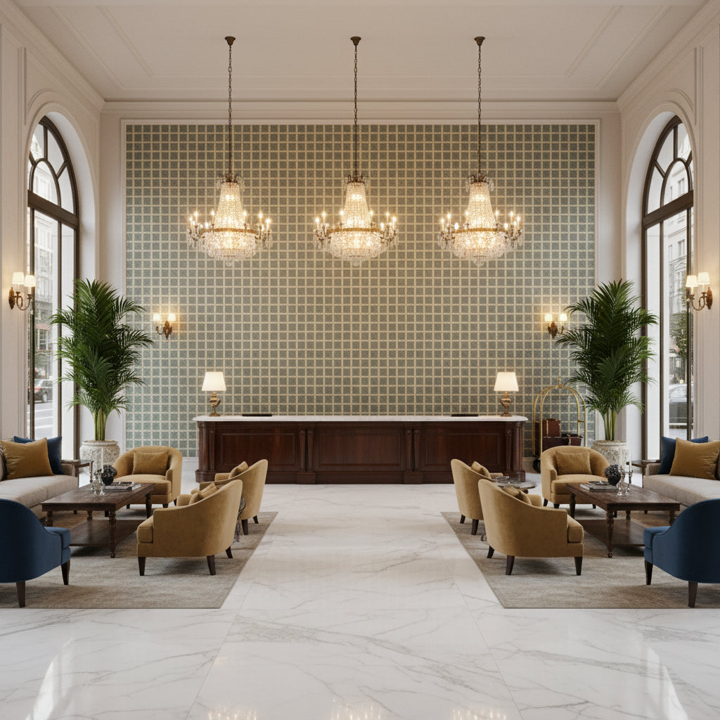 8023155.13.0 | Kravet - Hotel Lobby Visualization (AI-generated, may not be to scale. Verify pattern scale with product specifications.)