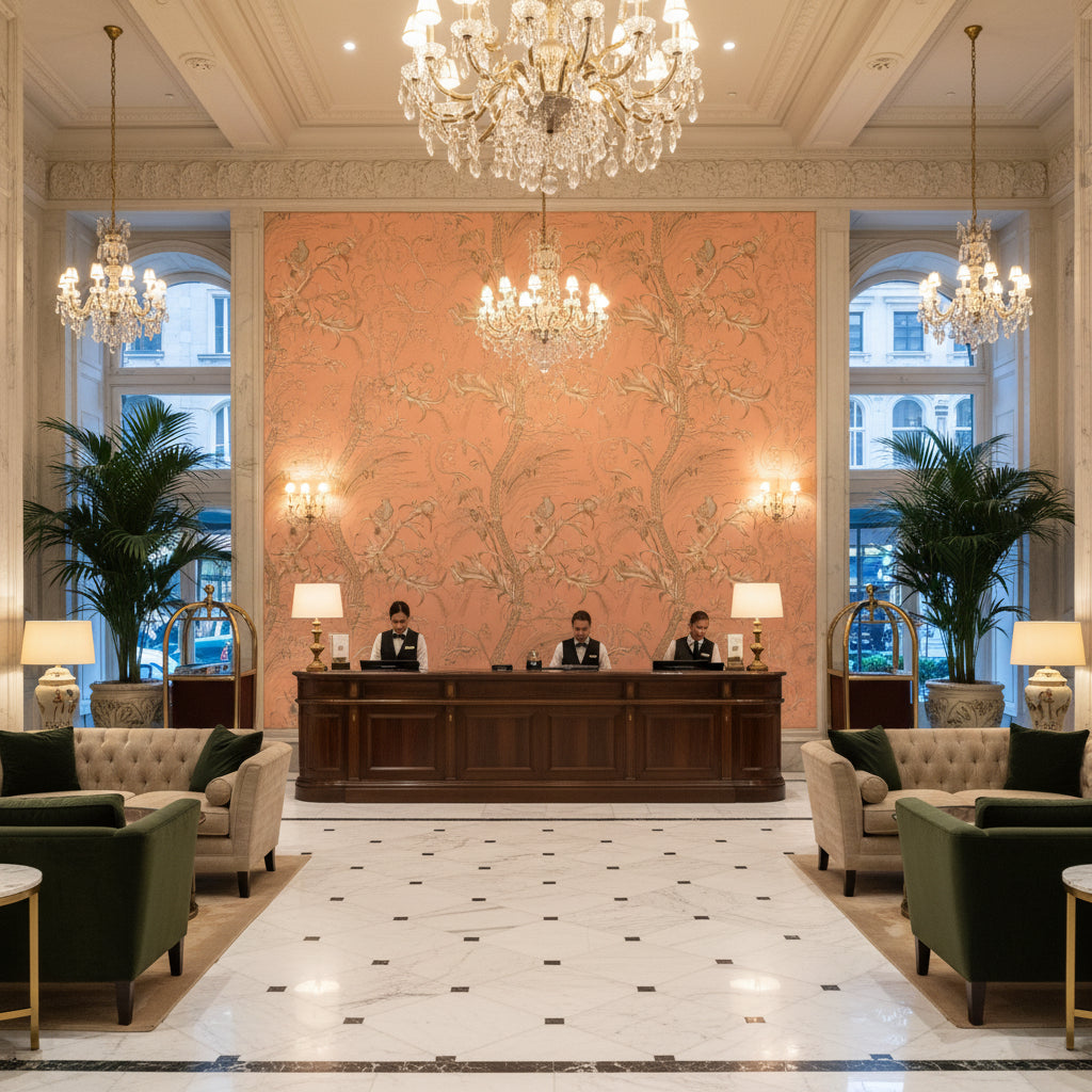 8024101.1216.0 | Kravet - Hotel Lobby Visualization (AI-generated, may not be to scale. Verify pattern scale with product specifications.)