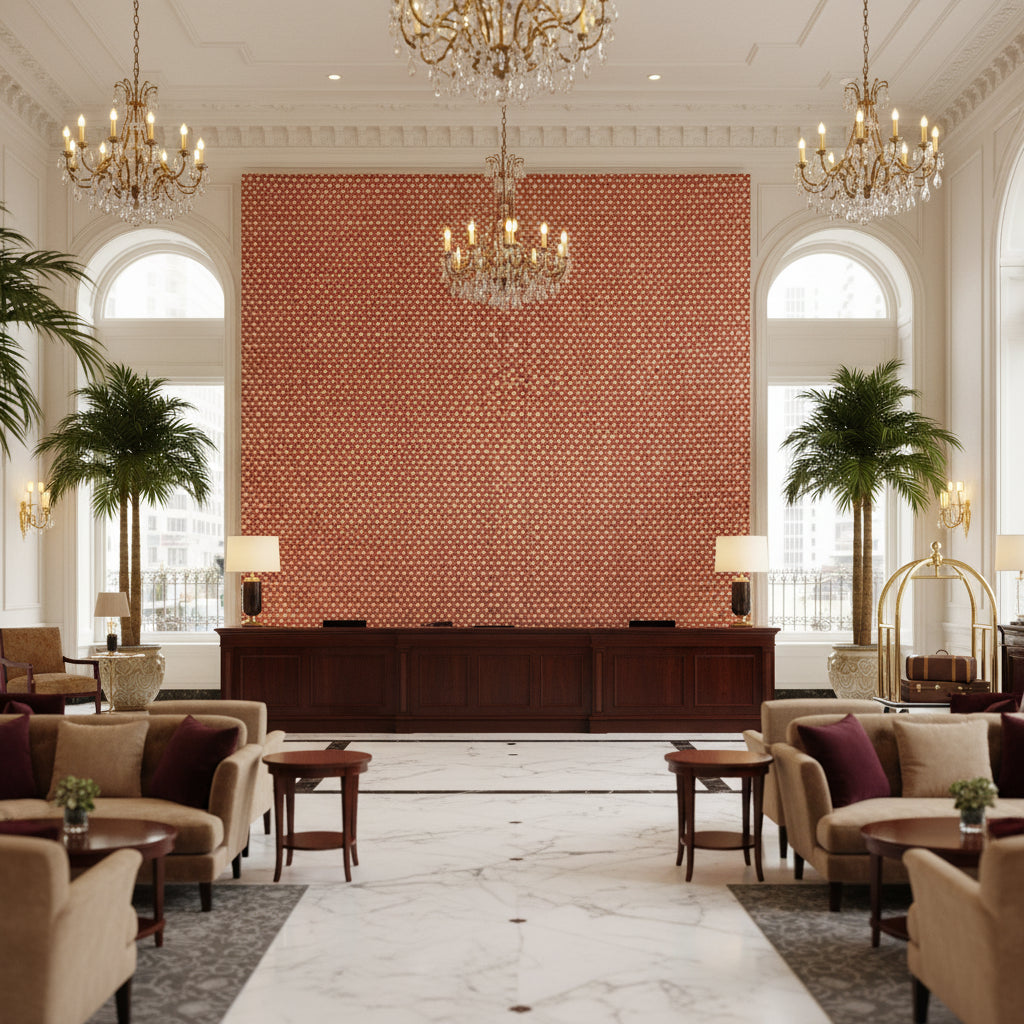 Pavilion Trellis Orange | Kravet - Hotel Lobby Visualization (AI-generated, may not be to scale. Verify pattern scale with product specifications.)