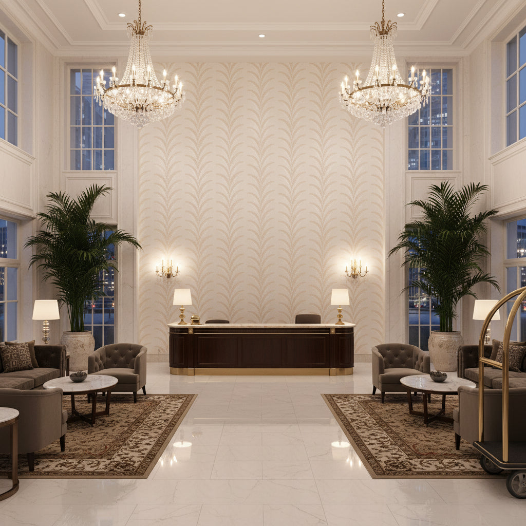 8024109.16.0 | Kravet - Hotel Lobby Visualization (AI-generated, may not be to scale. Verify pattern scale with product specifications.)