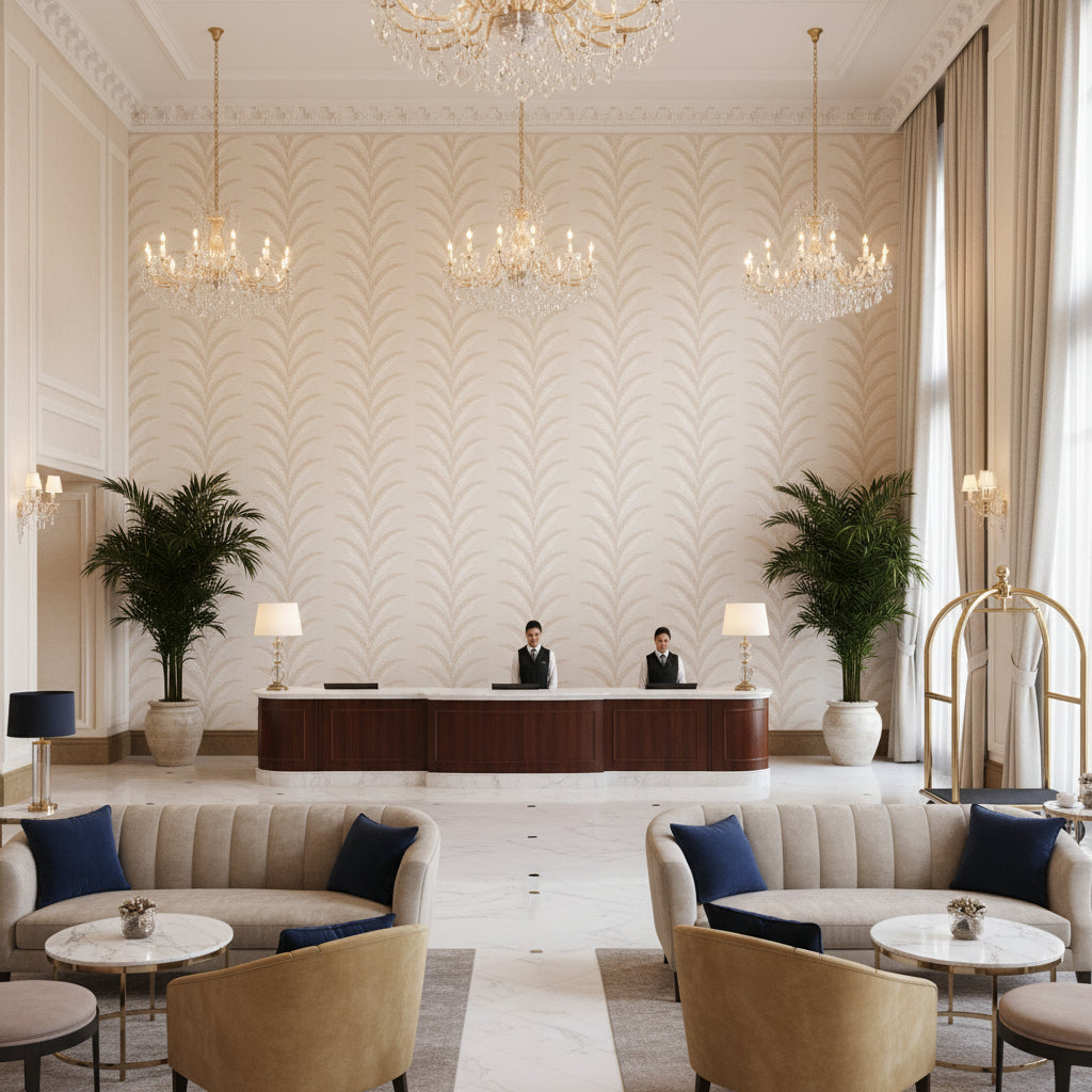 Pavilion Trellis Delft | Kravet - Hotel Lobby Visualization (AI-generated, may not be to scale. Verify pattern scale with product specifications.)