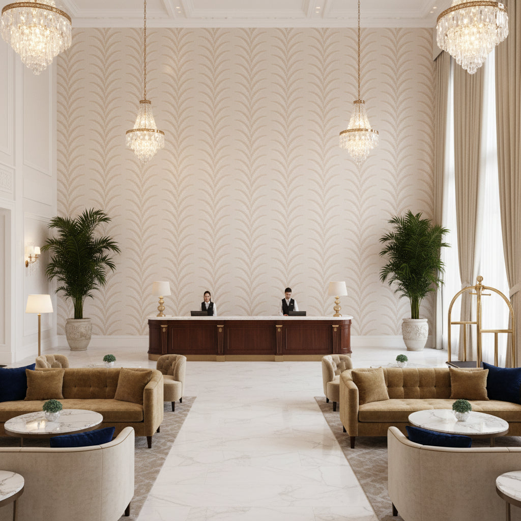 Pavilion Trellis Red | Kravet - Hotel Lobby Visualization (AI-generated, may not be to scale. Verify pattern scale with product specifications.)