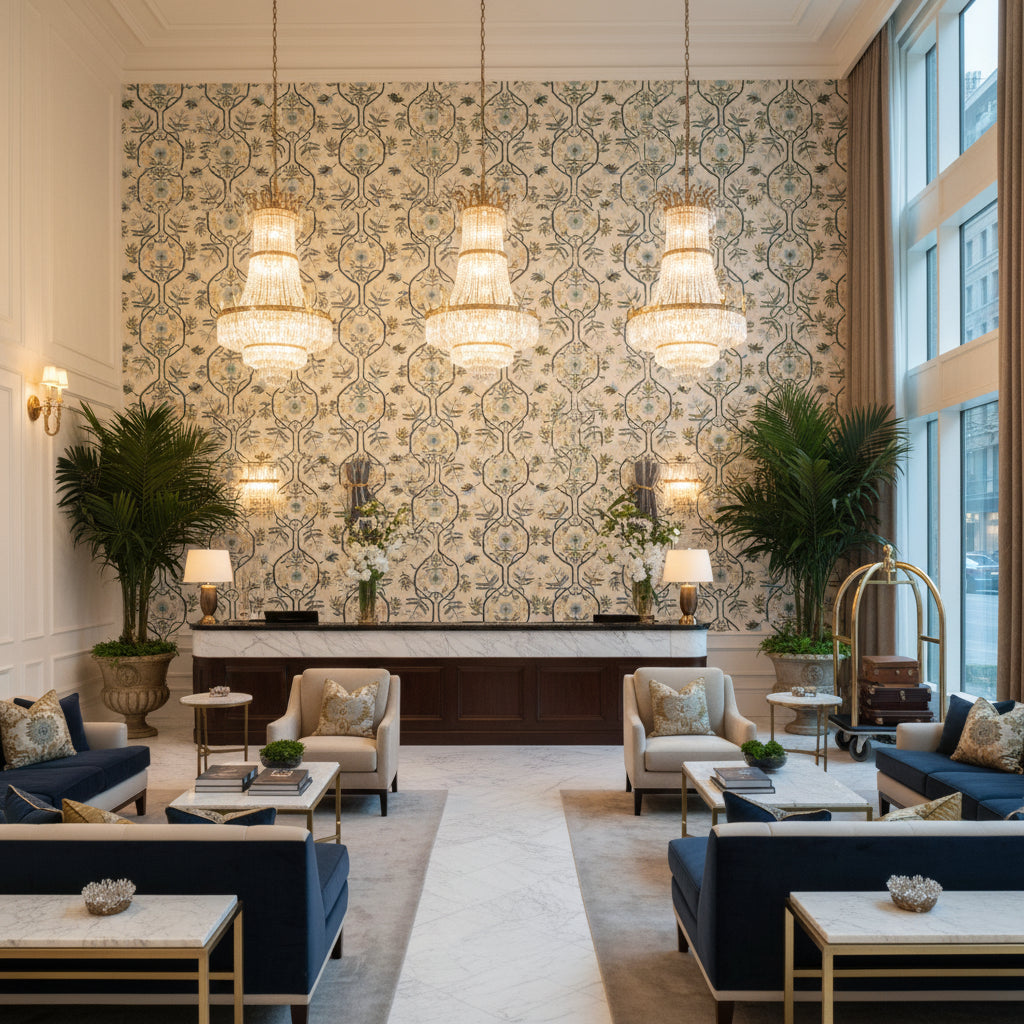 Botanique Spring | Kravet - Hotel Lobby Visualization (AI-generated, may not be to scale. Verify pattern scale with product specifications.)