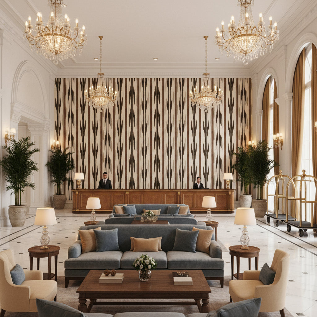 Folklore Leaf | Kravet - Hotel Lobby Visualization (AI-generated, may not be to scale. Verify pattern scale with product specifications.)