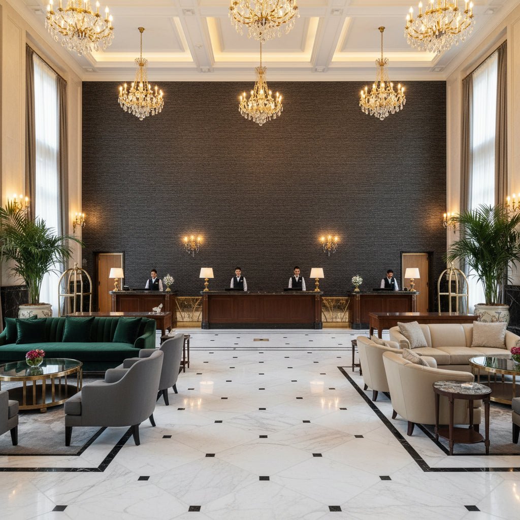 Carlsten black | Kravet - Hotel Lobby Visualization (AI-generated, may not be to scale. Verify pattern scale with product specifications.)