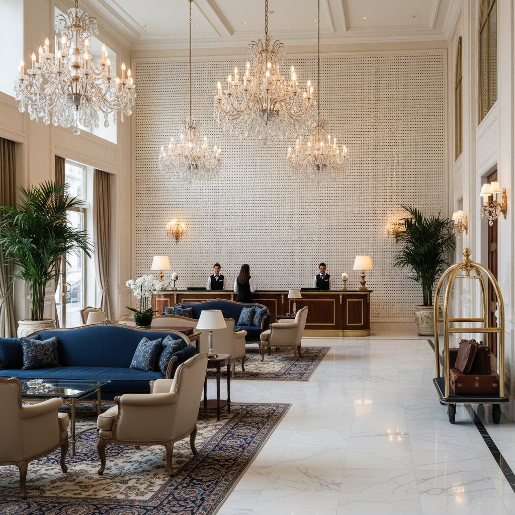 8024115.1615.0 | Kravet - Hotel Lobby Visualization (AI-generated, may not be to scale. Verify pattern scale with product specifications.)