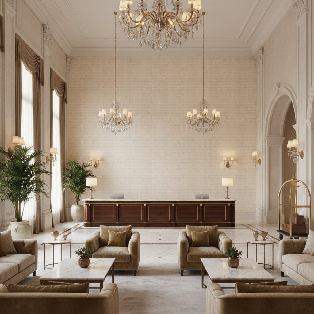 8024115.1616.0 | Kravet - Hotel Lobby Visualization (AI-generated, may not be to scale. Verify pattern scale with product specifications.)