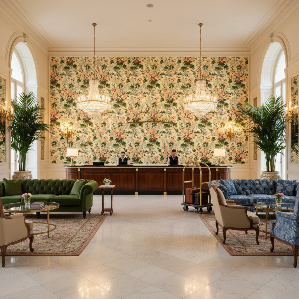879002.LJ.0 | Kravet - Hotel Lobby Visualization (AI-generated, may not be to scale. Verify pattern scale with product specifications.)