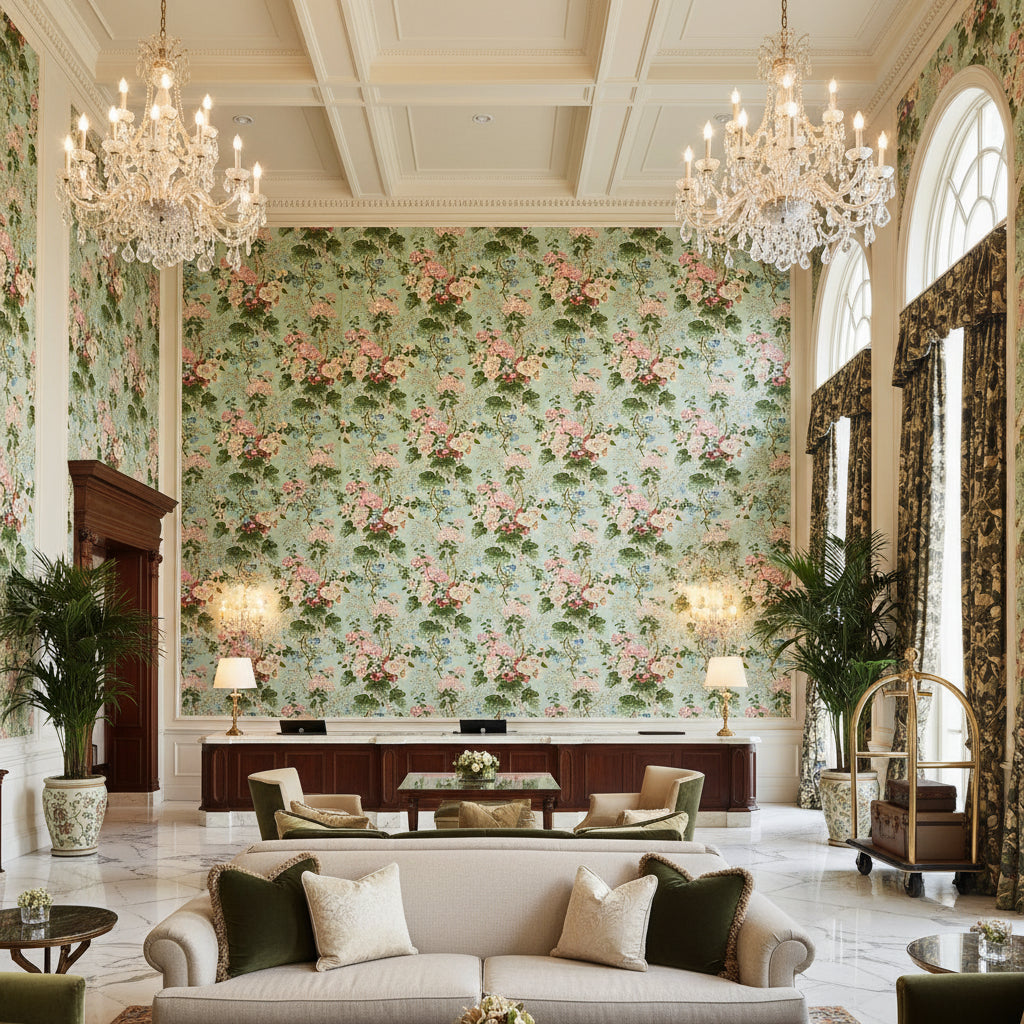 879024.LJ.0 | Kravet - Hotel Lobby Visualization (AI-generated, may not be to scale. Verify pattern scale with product specifications.)