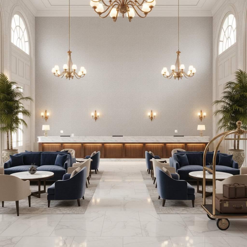 960122.11.0 | Kravet - Hotel Lobby Visualization (AI-generated, may not be to scale. Verify pattern scale with product specifications.)