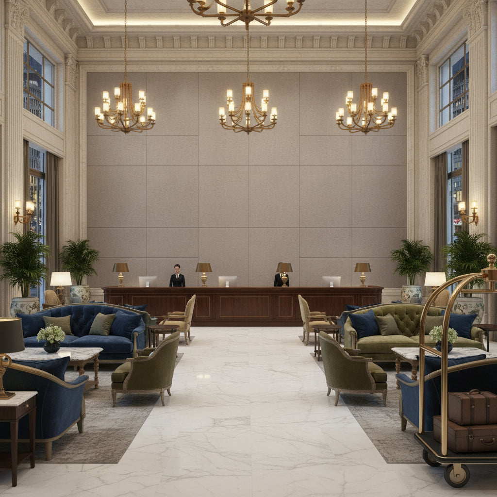 960122.1106.0 | Kravet - Hotel Lobby Visualization (AI-generated, may not be to scale. Verify pattern scale with product specifications.)