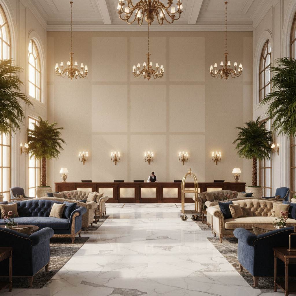 960122.1160.0 | Kravet - Hotel Lobby Visualization (AI-generated, may not be to scale. Verify pattern scale with product specifications.)