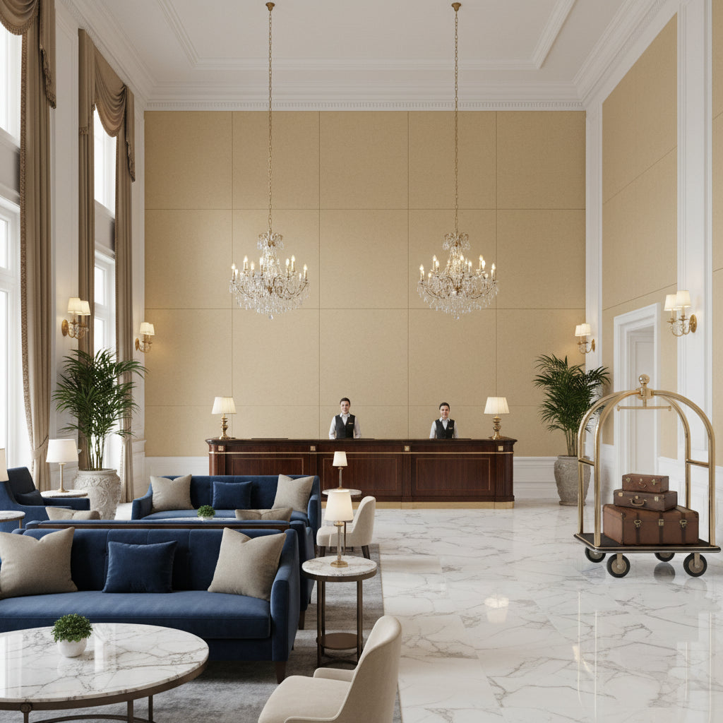 960122.1611.0 | Kravet - Hotel Lobby Visualization (AI-generated, may not be to scale. Verify pattern scale with product specifications.)