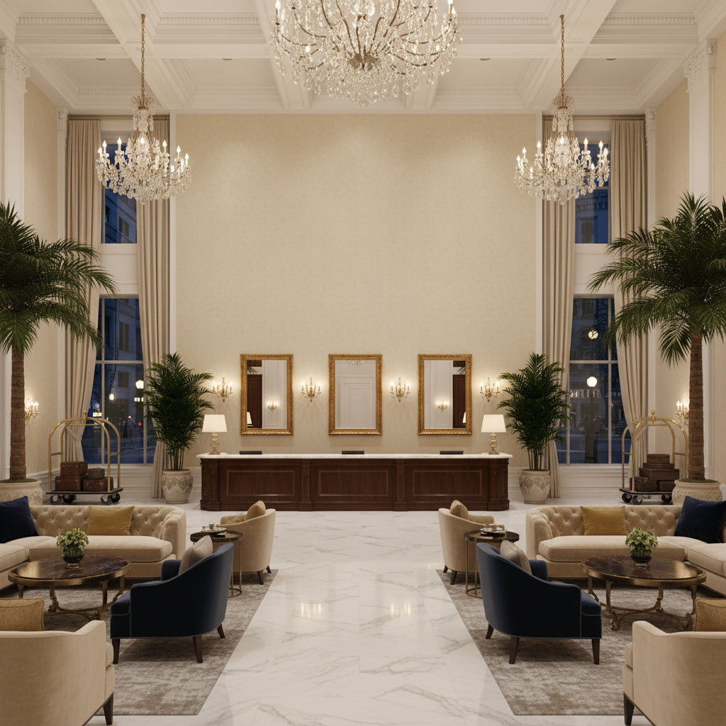 960122.1616.0 | Kravet - Hotel Lobby Visualization (AI-generated, may not be to scale. Verify pattern scale with product specifications.)