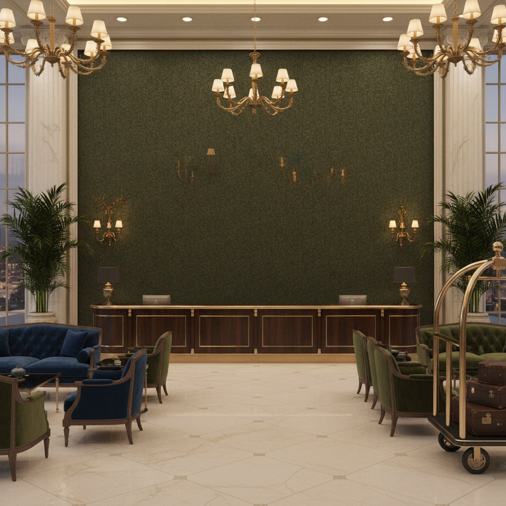 960122.330.0 | Kravet - Hotel Lobby Visualization (AI-generated, may not be to scale. Verify pattern scale with product specifications.)