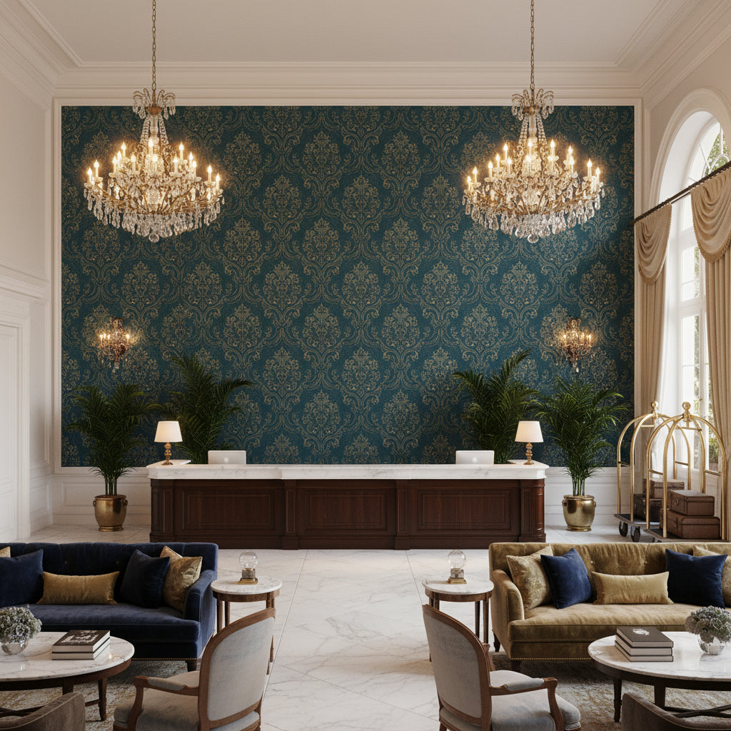 960122.50.0 | Kravet - Hotel Lobby Visualization (AI-generated, may not be to scale. Verify pattern scale with product specifications.)