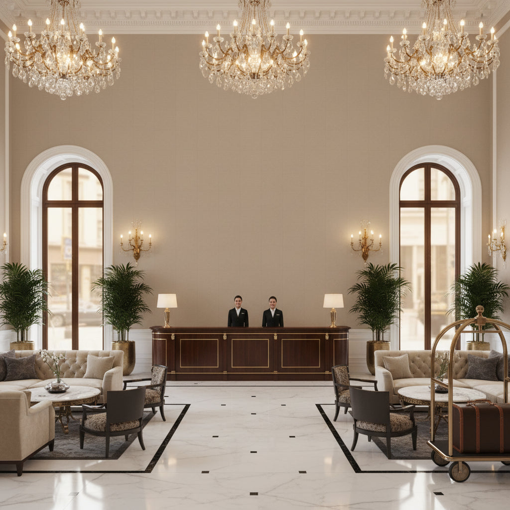 960122.6111.0 | Kravet - Hotel Lobby Visualization (AI-generated, may not be to scale. Verify pattern scale with product specifications.)
