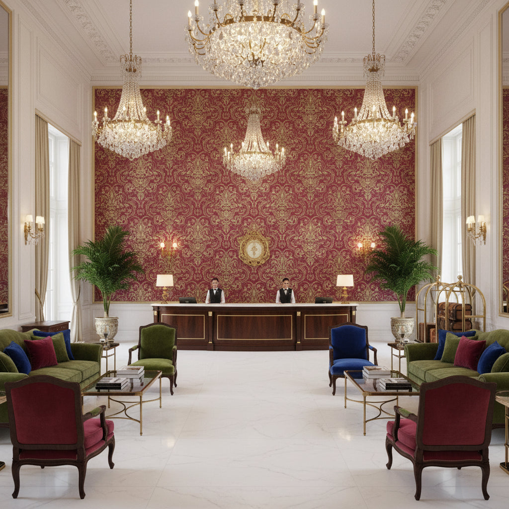 960122.97.0 | Kravet - Hotel Lobby Visualization (AI-generated, may not be to scale. Verify pattern scale with product specifications.)