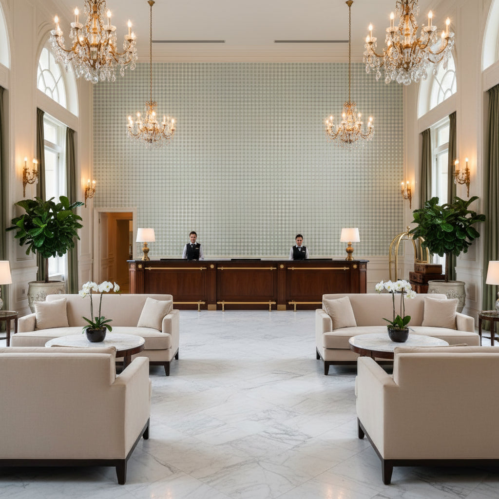 JUNE TAPE Tapes &amp; Trims (AE12302) – Willow | Thibaut - Hotel Lobby Visualization (AI-generated, may not be to scale. Verify pattern scale with product specifications.)