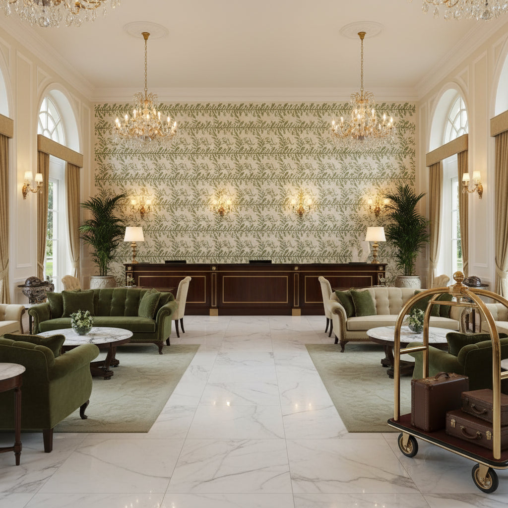 CALATHEA TAPE Tapes &amp; Trims (AE12322) – Juniper | Thibaut - Hotel Lobby Visualization (AI-generated, may not be to scale. Verify pattern scale with product specifications.)