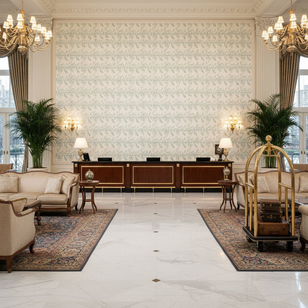 CALATHEA TAPE Tapes &amp; Trims (AE12324) – Robin's Egg Robin's Egg | Thibaut - Hotel Lobby Visualization (AI-generated, may not be to scale. Verify pattern scale with product specifications.)