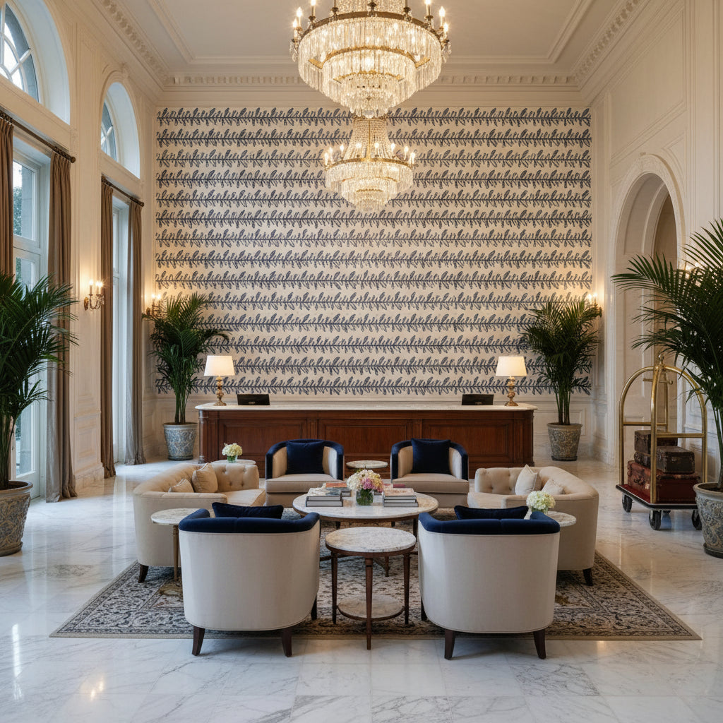 CALATHEA TAPE Tapes &amp; Trims (AE12326) – French Blue | Thibaut - Hotel Lobby Visualization (AI-generated, may not be to scale. Verify pattern scale with product specifications.)