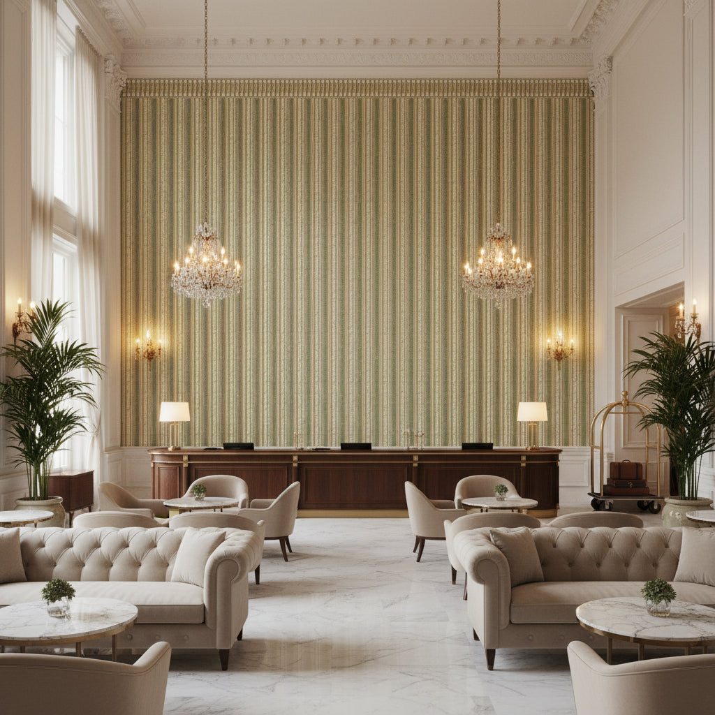 ESME FRINGE Tapes &amp; Trims (AE12355) – Willow and Soft Gold | Thibaut - Hotel Lobby Visualization (AI-generated, may not be to scale. Verify pattern scale with product specifications.)