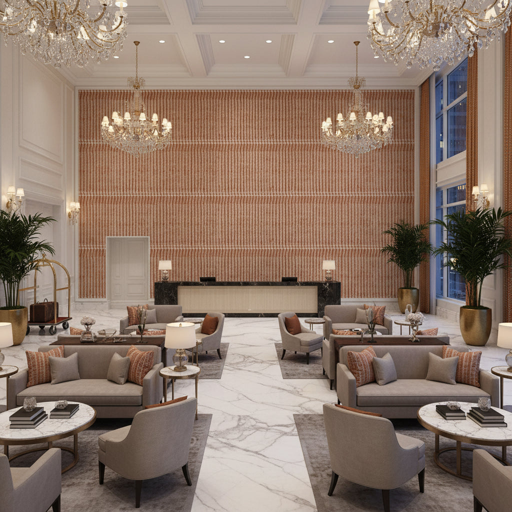 ESME FRINGE Tapes &amp; Trims (AE12356) – Paprika and Nutmeg | Thibaut - Hotel Lobby Visualization (AI-generated, may not be to scale. Verify pattern scale with product specifications.)
