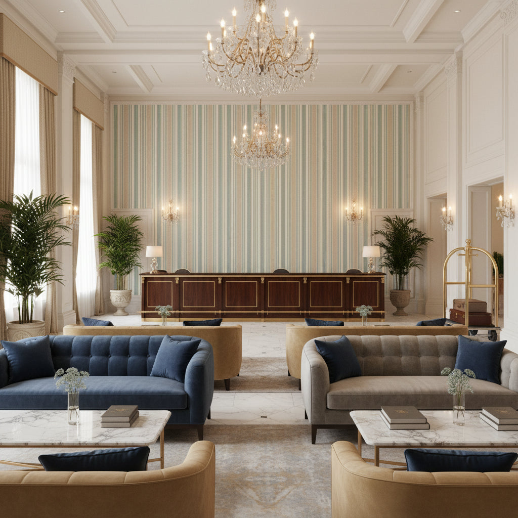 ESME FRINGE Tapes &amp; Trims (AE12359) – Aqua and Willow | Thibaut - Hotel Lobby Visualization (AI-generated, may not be to scale. Verify pattern scale with product specifications.)
