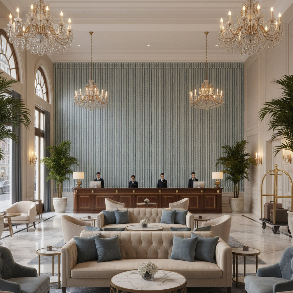 ESME FRINGE Tapes &amp; Trims (AE12360) – Mallard and Sage | Thibaut - Hotel Lobby Visualization (AI-generated, may not be to scale. Verify pattern scale with product specifications.)