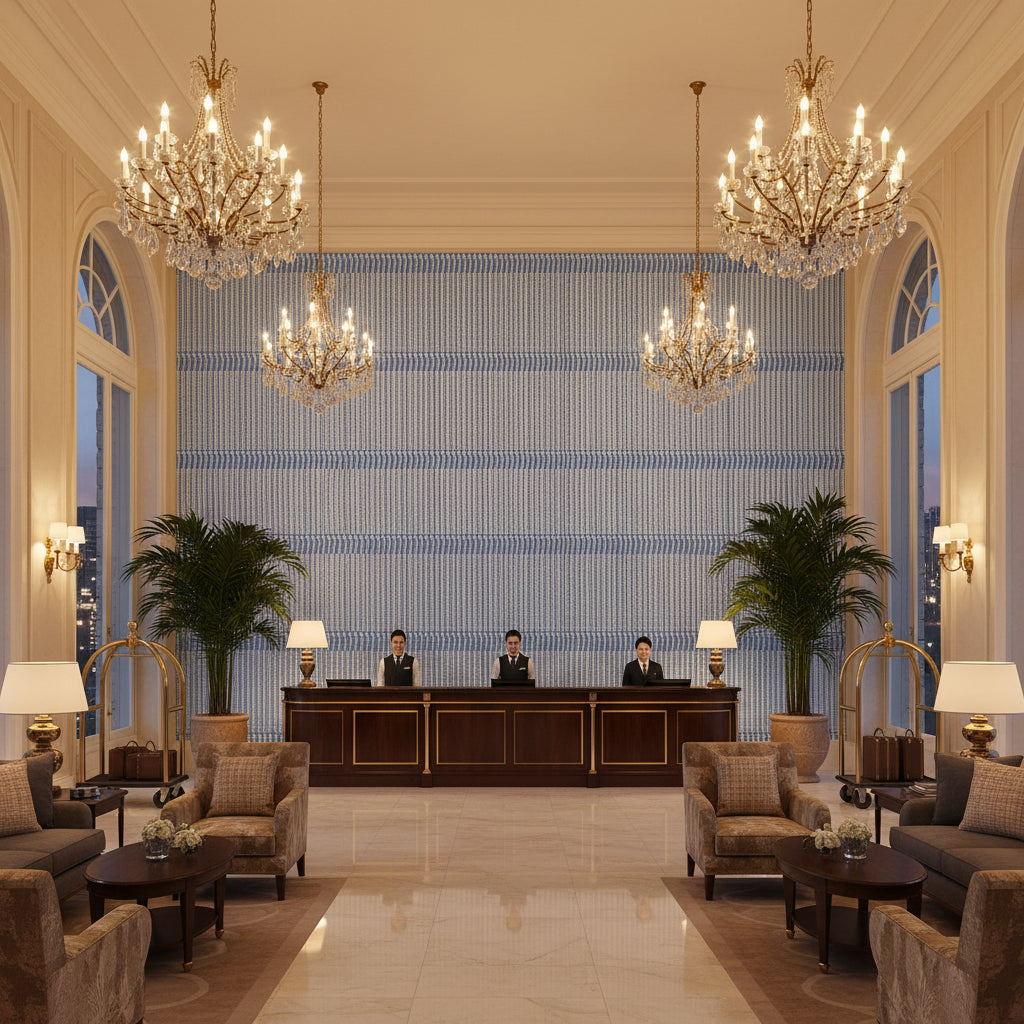 ESME FRINGE Tapes &amp; Trims (AE12361) – French Blue and Sky | Thibaut - Hotel Lobby Visualization (AI-generated, may not be to scale. Verify pattern scale with product specifications.)