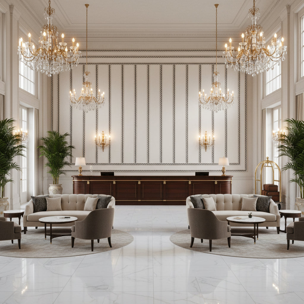 GABRIELLE TAPE Tapes &amp; Trims (AE12362) – Ebony and Stone | Thibaut - Hotel Lobby Visualization (AI-generated, may not be to scale. Verify pattern scale with product specifications.)