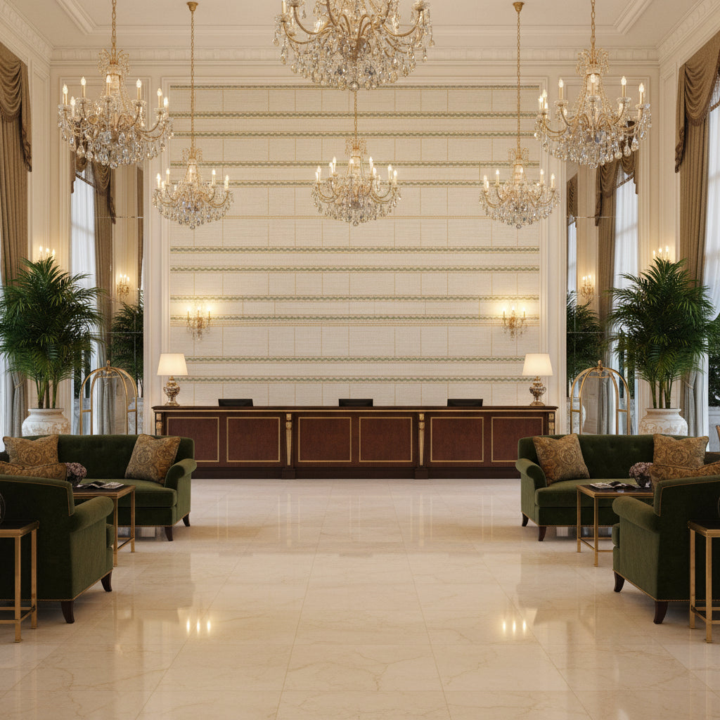GABRIELLE TAPE Tapes &amp; Trims (AE12363) – Willow and Soft Gold | Thibaut - Hotel Lobby Visualization (AI-generated, may not be to scale. Verify pattern scale with product specifications.)