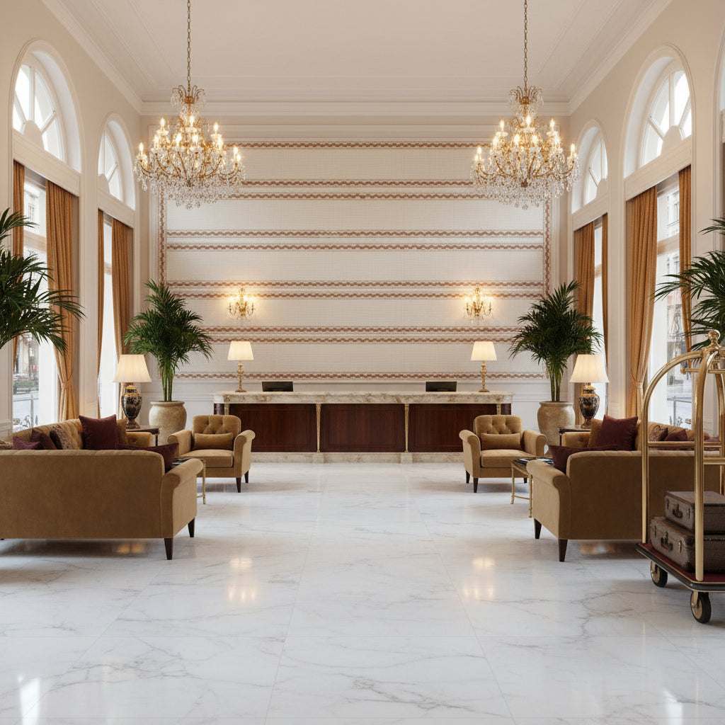 GABRIELLE TAPE Tapes &amp; Trims (AE12364) – Paprika and Soft Gold | Thibaut - Hotel Lobby Visualization (AI-generated, may not be to scale. Verify pattern scale with product specifications.)