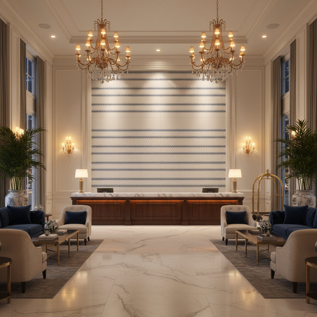 GABRIELLE TAPE Tapes &amp; Trims (AE12369) – French Blue and Sky | Thibaut - Hotel Lobby Visualization (AI-generated, may not be to scale. Verify pattern scale with product specifications.)