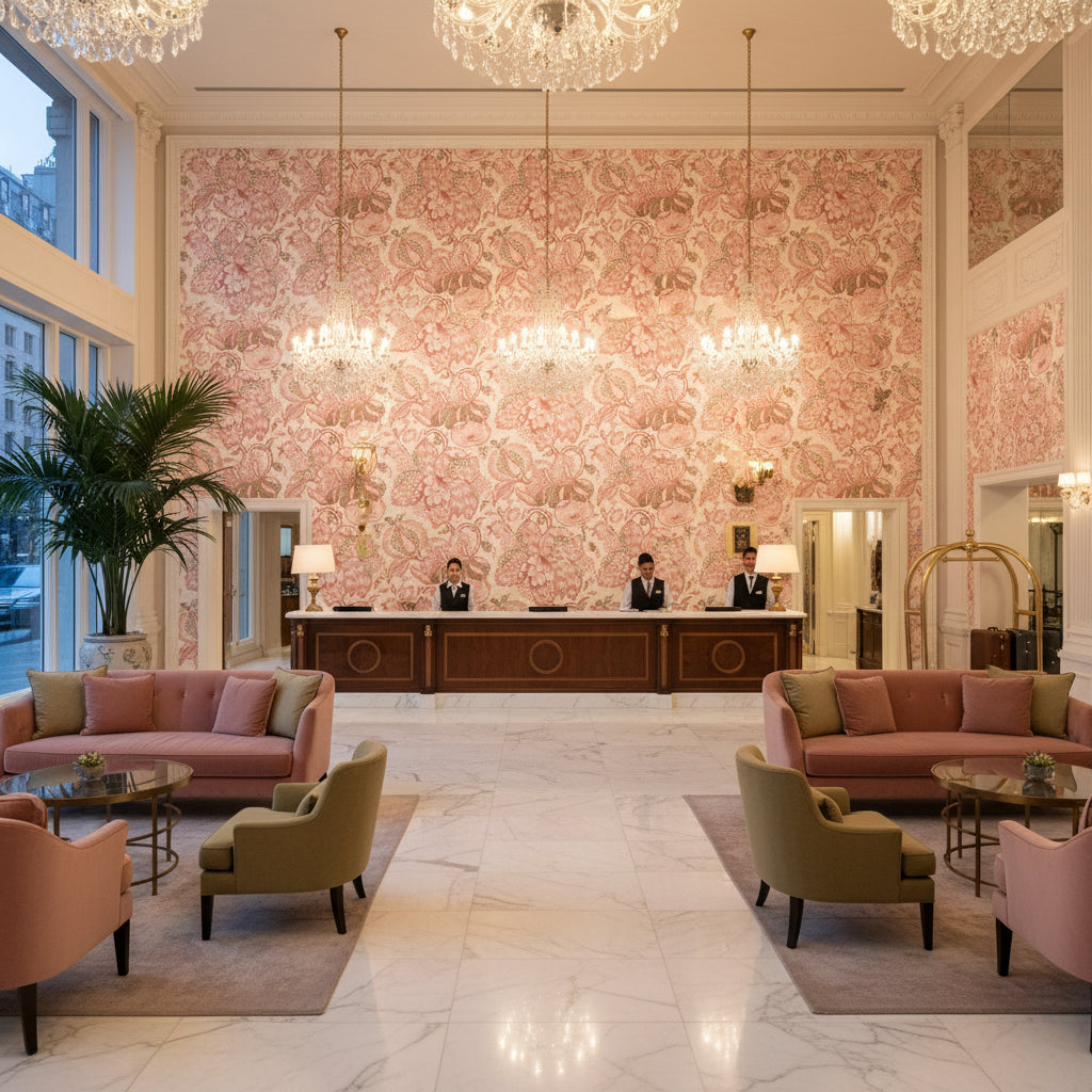 WESTMONT Fabrics (AF15107) – Blush | Thibaut - Hotel Lobby Visualization (AI-generated, may not be to scale. Verify pattern scale with product specifications.)